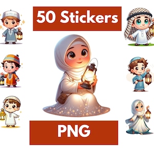 50 Muslim Stickers PNG | Islamic Digital Stickers for Kids | Eid Stickers for Mugs, Shirts, Cards & More | Printable Islamic Art
