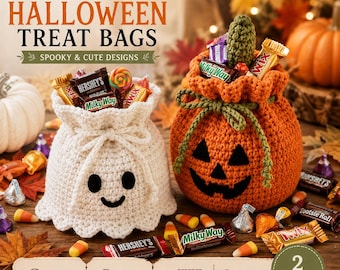 Patrón de bolsa de dulces de Halloween a crochet en PDF, bolsa de dulces de calabaza y fantasma amigurumi, paquete de patrones de crochet fáciles, descarga digital para decoración de otoño