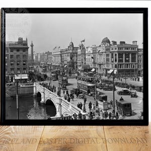 Vintage Dublin Wall Art - 1928 O&#39;Connell Bridge Printable Digital Download | Historic Irish Black & White Cityscape Decor