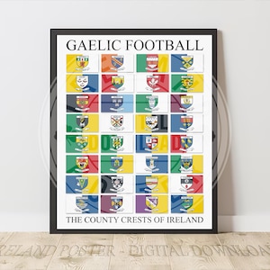 Puede incluir: Un póster enmarcado en negro con el título "Gaelic Football" y el texto "The County Crests of Ireland". El póster presenta una cuadrícula de 32 escudos de armas coloridos, cada uno representando un condado diferente de Irlanda.