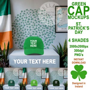 May include: Four green baseball caps with the text "Your Text Here" on the front. The caps are displayed against a backdrop of shamrocks and an Irish flag. The image is a mockup for St. Patrick's Day.