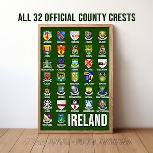 Irish County Crests | All Ireland Official County Coat of Arms of Irish Counties Irish Gift St Patricks Day Digital Download Wall Art Poster