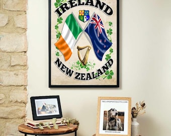 May include: A framed print with the text "IRELAND NEW ZEALAND" in black letters on a white background. The flags of Ireland and New Zealand are crossed in the center of the print, with a harp symbol below them. The flags are surrounded by green shamrock leaves.