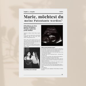 Könnte beinhalten: Eine Zeitungsanzeige mit der Überschrift „Marie, möchtest du meine Patentante werden?" Sie enthält Text, ein Ultraschallbild und ein Schwarzweißfoto von zwei Frauen. Der Text ist auf Deutsch.