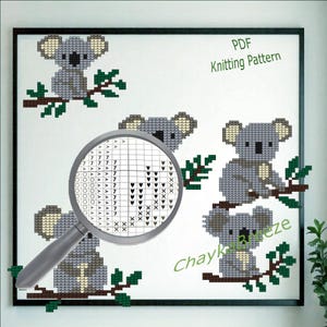 May include: A framed PDF knitting pattern with a cross-stitch design of koalas on branches. The koalas are grey with beige details, and the branches and leaves are green. A magnifying glass shows a close-up of the pattern.