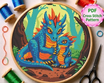 Two Dragons in the Forest Cross Stitch Pattern – Fantasy Embroidery Design (PDF Download)