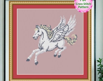 May include: Framed cross-stitch pattern of a white Pegasus with detailed wings and a flowing mane, set against a pink background. The artwork is in a gold frame with a red inner border. The text "PDF Cross Stitch Pattern" is in the upper right corner.