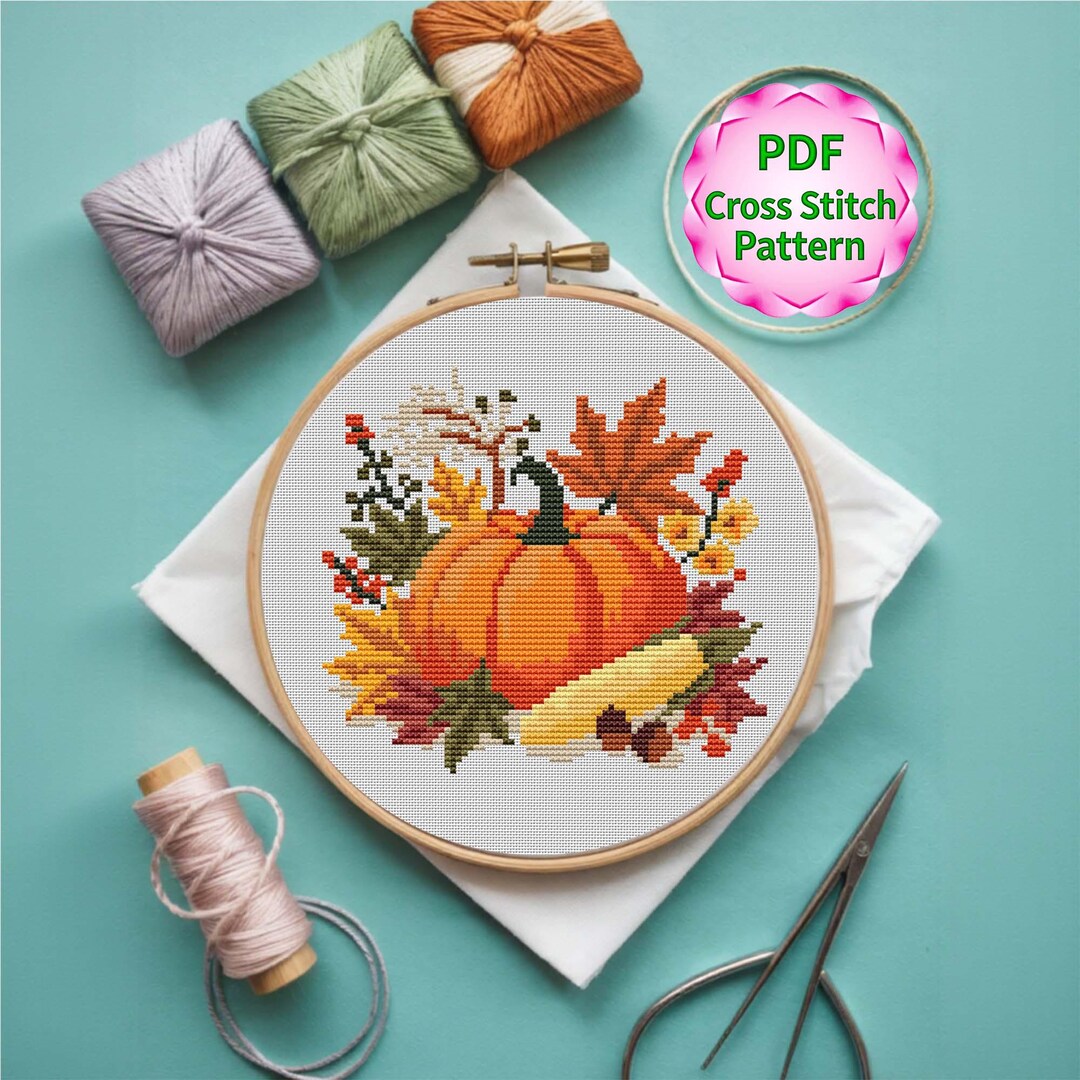 Large Pumpkin and Autumn Leaves Cross Stitch Pattern: Cozy Fall ...