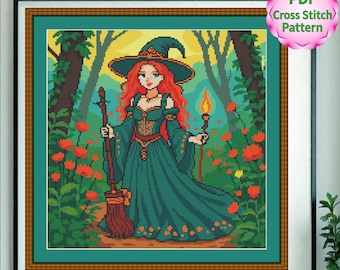 Witch with Lantern in the Forest: Cross Stitch Pattern for Cozy Autumn Nights