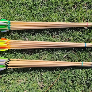 Könnte beinhalten: Drei Bündel Holzpfeile mit bunten Federn. Jedes Bündel ist mit einem Gummiband zusammengebunden. Die Pfeile sind in einer Reihe auf einer grünen Grasfläche angeordnet.