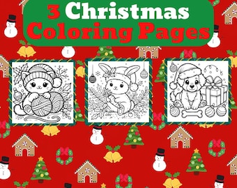 Kids Christmas Coloring Pages, Christmas Activity, 3 Printable Christmas Coloring Pages, Holiday Coloring, Santa, Kids Christmas Coloring
