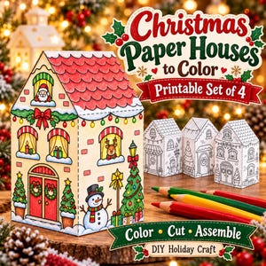 Puede incluir: Un set de cuatro casas de papel para colorear, que incluye una casa ya coloreada con techo rojo, un muñeco de nieve y árboles de Navidad, junto a tres plantillas sin colorear y lápices de colores rojo, amarillo y verde.