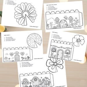 May include: A collection of black and white printable fairy house templates. Each template features a different house design with instructions: color, cut, fold, and join. Includes flower and moon shapes. The text "Creative Kiddo Studio" is visible.