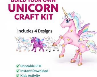 Modello di carta per unicorno articolato / 4 modelli (3 colorati, 1 colorabile) (download PDF)