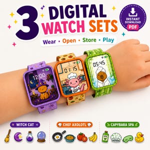 Puede incluir: Tres juegos de relojes digitales con diseños de dibujos animados. Un reloj morado muestra un gato brujo, uno naranja un ajolote chef y uno verde un capibara en un spa. El texto dice 3 DIGITAL WATCH SETS, Wear, Open, Store, Play, WITCH CAT, CHEF AXOLOTL y CAPYBARA SPA.
