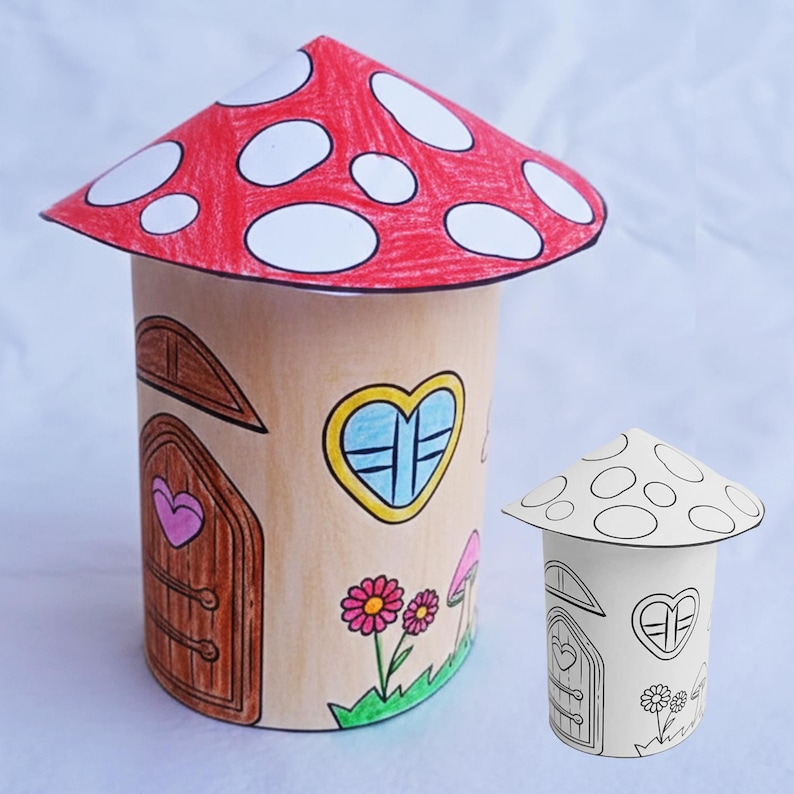 May include: A whimsical, handmade mushroom house with a red and white spotted roof. The cylindrical body is tan with a brown door, heart-shaped window, and floral accents. A smaller, uncolored version is also present.