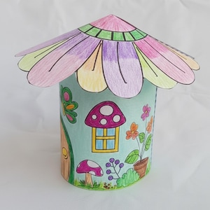 May include: A whimsical, hand-drawn fairy house with a flower-shaped roof. The house is cylindrical, painted light blue, and adorned with a mushroom-shaped window, a door, and colorful floral and butterfly illustrations. The roof is petal-shaped, with pink, purple, yellow, and green hues.