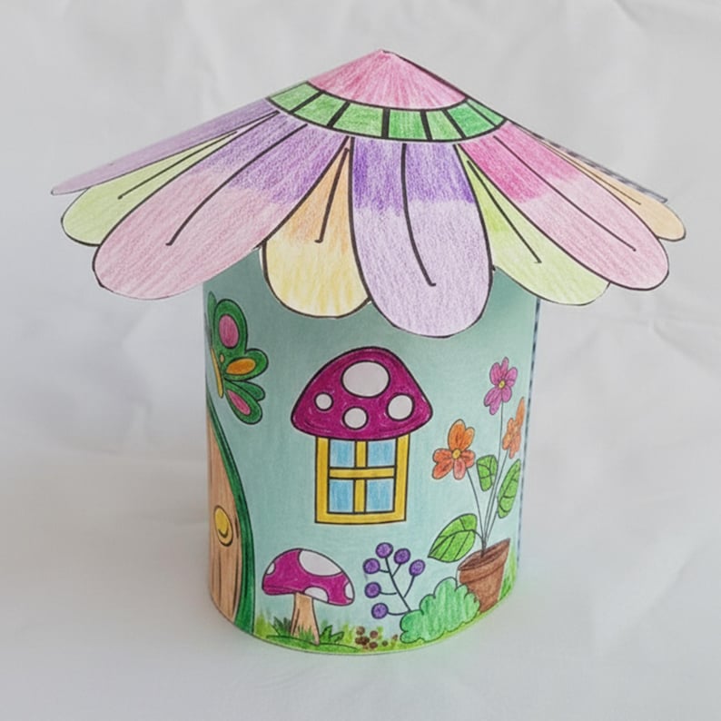 May include: A whimsical, hand-drawn fairy house with a flower-shaped roof. The house is cylindrical, painted light blue, and adorned with a mushroom-shaped window, a door, and colorful floral and butterfly illustrations. The roof is petal-shaped, with pink, purple, yellow, and green hues.