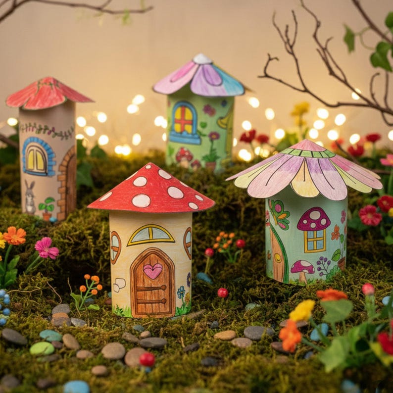 May include: Four whimsical, handmade fairy houses crafted from cardboard tubes, each with unique, colorful designs. One has a red mushroom cap roof, another a pink and purple flower-shaped roof, and others with painted details like doors and windows. They sit on a bed of moss.