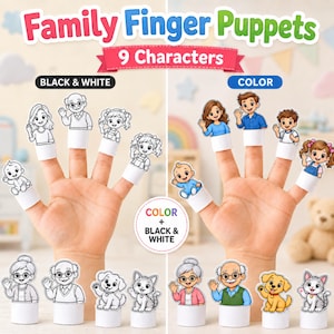 May include: A set of Family Finger Puppets featuring 9 characters in both black and white and full color versions. The puppets are displayed on fingers and as individual figures, depicting various family members and pets in a cartoon style.