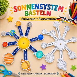 Könnte beinhalten: Ein Bastelset mit zwei Sonnensystem-Modellen, bestehend aus einer zentralen Sonne und strahlenförmigen Armen für die Planeten. Ein Modell ist farbig, das andere ist eine Schwarz-Weiß-Vorlage zum Ausmalen. Der Text lautet SONNENSYSTEM BASTELN, Farbversion + Ausmalversion, DEUTSCH sowie AUSSCHNEIDEN AUSMALEN ZUSAMMENBAUEN.