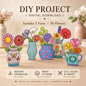 Op de afbeelding: Een doe-het-zelfproject als digitale download met vijf geïllustreerde vazen en dertig bloemen. De afbeelding toont kleurrijke, papieren uitsparingen van bloemstukken in diverse houders met patronen, waaronder een gieter, met instructies voor downloaden, printen, knippen en kleuren.