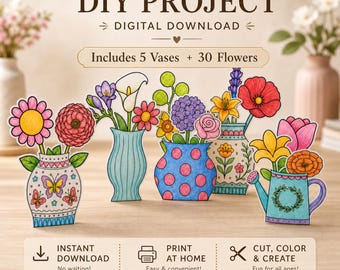 Printable Flower Bouquet Craft Kit | 5 Vases, 30 Flowers (Digital Download)