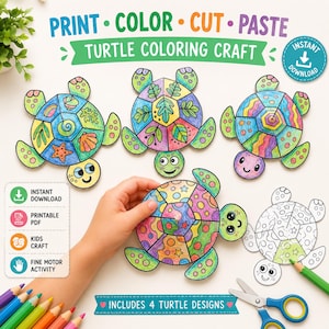 Può includere: Un lavoretto da colorare con tartarughe da stampare, con quattro disegni di tartarughe con motivi geometrici sul guscio. Il testo recita PRINT COLOR CUT PASTE, TURTLE COLORING CRAFT, INSTANT DOWNLOAD e INCLUDES 4 TURTLE DESIGNS. Include icone PDF e attività motoria.