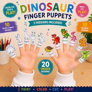 Pode incluir: Um conjunto de artesanato imprimível com 20 marionetas de dedo de dinossauros, incluindo 10 designs a preto e branco e 10 designs coloridos. O conjunto apresenta várias espécies de dinossauros como um estegossauro, braquiossauro e triceratops.