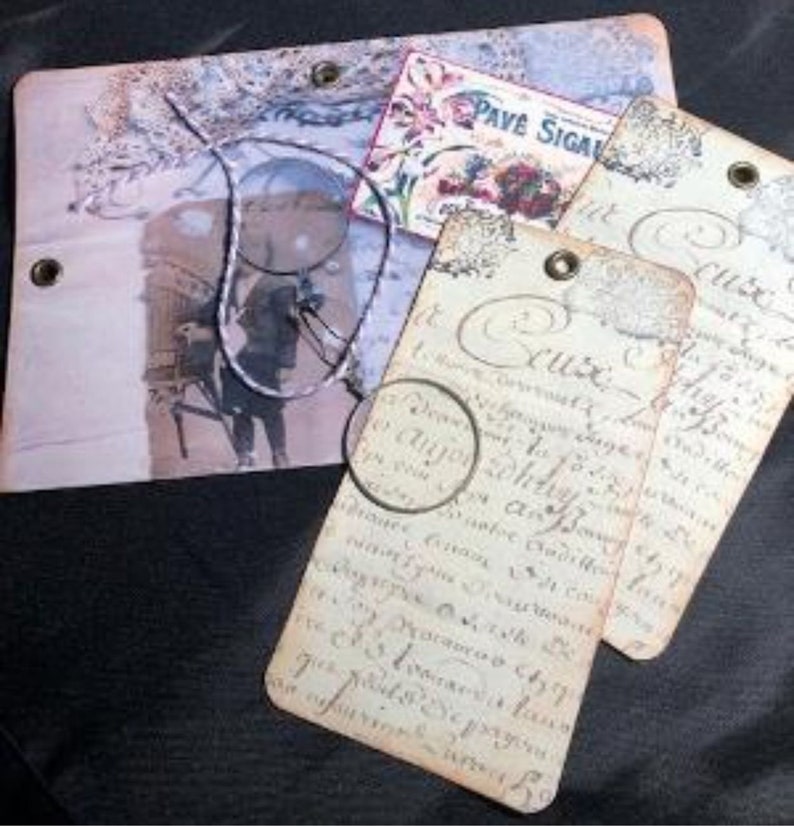 vintage style Junk Journal Folder With 2 Tags and a Vintage 1920s Era Optical Lens Junk Tags Scrapbook Ephemera Genealogy