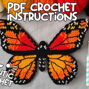 May include: A crocheted butterfly in shades of orange, yellow, and black, with white accents. The image includes crochet hooks, scissors, and yarn. Text reads "PDF Crochet Instructions" and "Frantic Crochet".