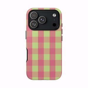 Funda para teléfono Apple Green & Pink Blush Gingham, funda minimalista con resorte para iPhone, Samsung y Google Pixel.