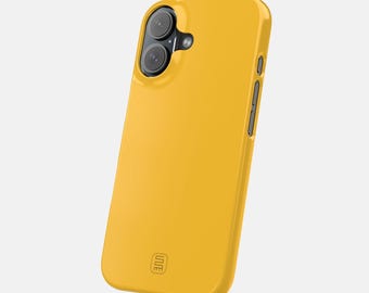 May include: A bright yellow phone case with a glossy finish. The case has a dual-lens camera cutout and side buttons. A small logo is visible at the bottom. The case is designed to protect a smartphone.