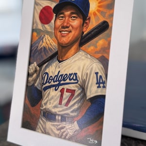 Impression d&#39;art Shohei Ohtani 4 x 6 dans un tapis 5 x 7 – Édition limitée de 4