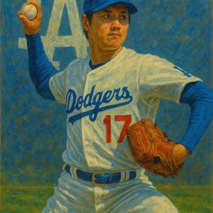 Impression d'art personnalisée Shohei Ohtani de style acrylique | Art mural des Dodgers Baseball | Cadeau pour fan de sport | Portrait animé en mouvement | Décoration des Dodgers de LA