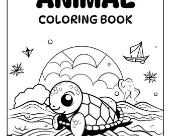 Pode incluir: Uma página para colorir em preto e branco com uma tartaruga de desenho animado nadando no oceano. A tartaruga tem olhos grandes e um sorriso. O oceano está cheio de ondas e um veleiro no fundo. O título "ANIMAL COLORING BOOK" está no topo da página.