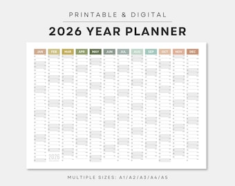 May include: A printable and digital 2026 year planner. The calendar features a grid layout with months across the top in pastel colors. The text "2026 YEAR PLANNER" is at the top. Multiple sizes are available: A1/A2/A3/A4/A5.