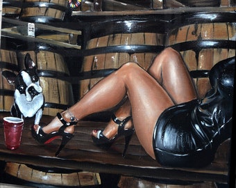 May include: A painting of a woman in a black leather dress sitting on a wooden barrel with her legs crossed. A black and white Boston Terrier dog is sitting next to her. The background is a wall of wooden barrels.