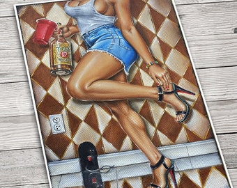 May include: A woman wearing a white tank top and blue denim shorts poses with a bottle of whiskey and a red cup. She is standing on a brown and white tiled floor with a skateboard in the background. She is wearing high heels.