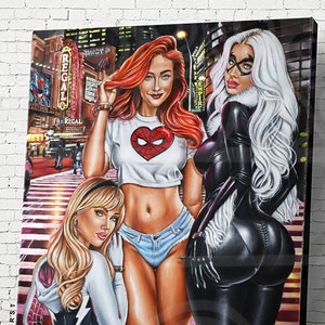 JEREMY WORST City Girls Spider Gwen Black Cat and Mj Spider woman in NYC Streets Wall decor Game room painting Stickers Sticker Bundle image 2