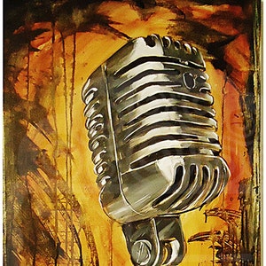 May include: A vintage silver microphone with a black on/off switch, painted in a stylized way against a background of orange, yellow, and brown paint splatters.