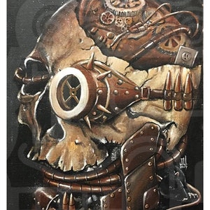 May include: A skull with a steampunk design, featuring gears, pipes, and a goggles-like contraption. The skull is painted in shades of brown, beige, and black. The image includes the text "@JEREMYWORST" and "JLL 2019".