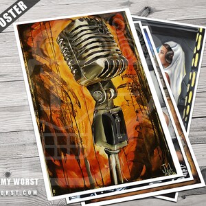 May include: A vintage-style microphone with a silver finish and a black stand. The microphone is set against a background of orange, yellow, and brown paint splatters.