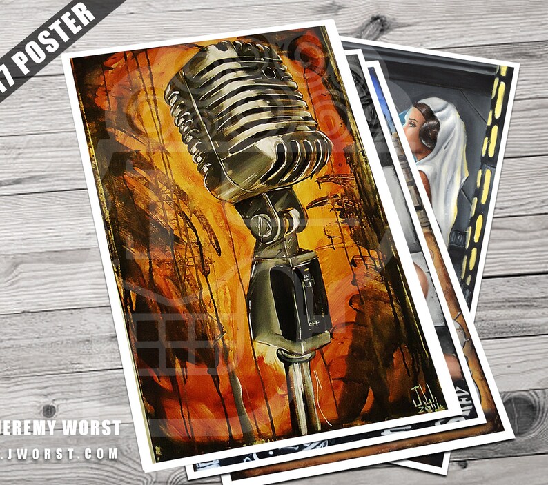 May include: A vintage-style microphone with a silver finish and a black stand. The microphone is set against a background of orange, yellow, and brown paint splatters.