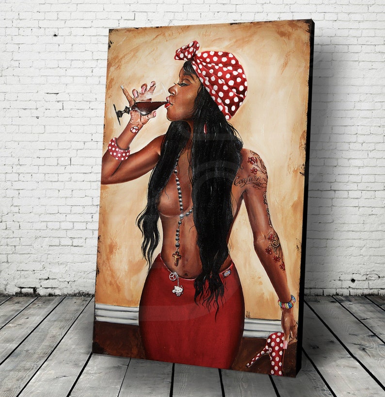 JEREMY WORST Conjure African Nubian queen Drinking wine Canvas 40x24 inches