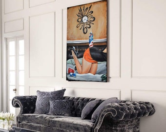 May include: A painting of a woman in a red and black outfit lying on a bed with a clock on the wall behind her. The clock has a unique design with the numbers arranged in a circle around the center.