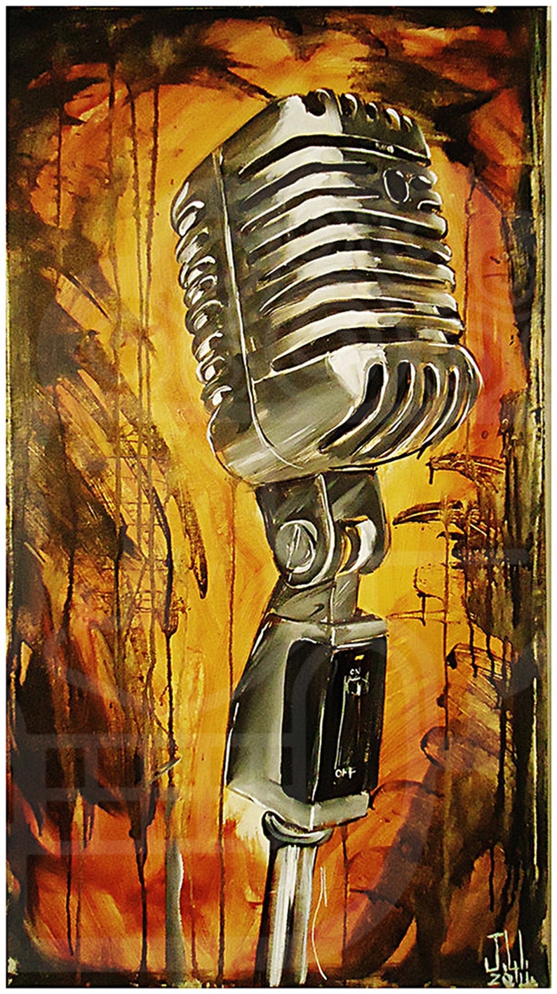 May include: A vintage silver microphone with a black on/off switch, painted in a stylized way against a background of orange, yellow, and brown paint splatters.