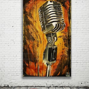 May include: A vintage silver microphone with a black on/off switch, painted in a stylized abstract style with orange, yellow, and brown colors.