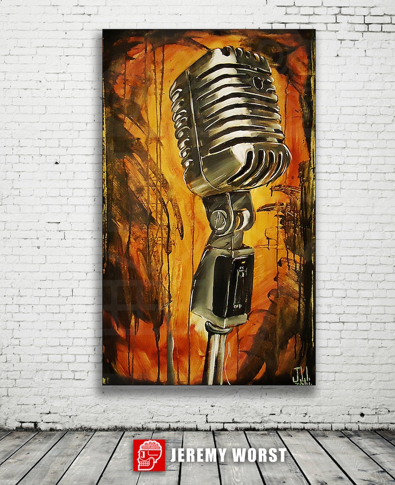 May include: A vintage silver microphone with a black on/off switch, painted in a stylized abstract style with orange, yellow, and brown colors.