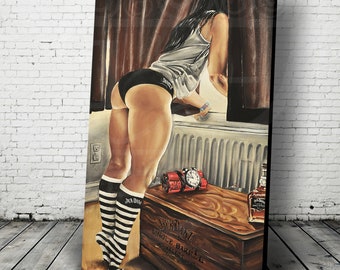 May include: A woman in black and white striped socks and black underwear leans against a wall, looking out a window. A red alarm clock and a bottle of Jack Daniel's whiskey are on a wooden box.